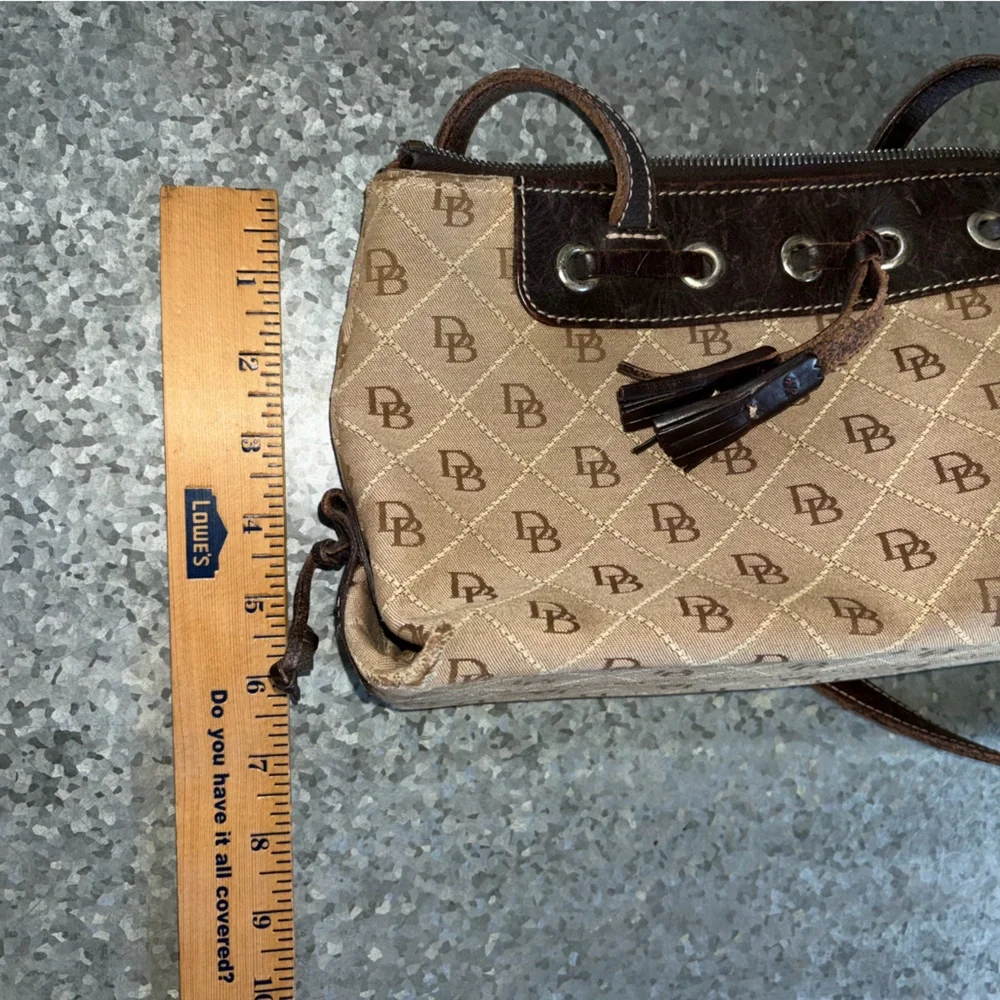 Dooney & Bourke Brown Signature Jacquard Canvas Black Tassel Shoulder Bag